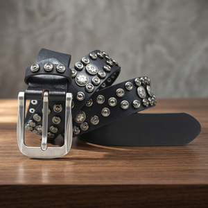 Black <b>Cow</b> Hide Belt With Silver Star Studs Pin Buckle Casual Punk Rock Style - Product Image 3