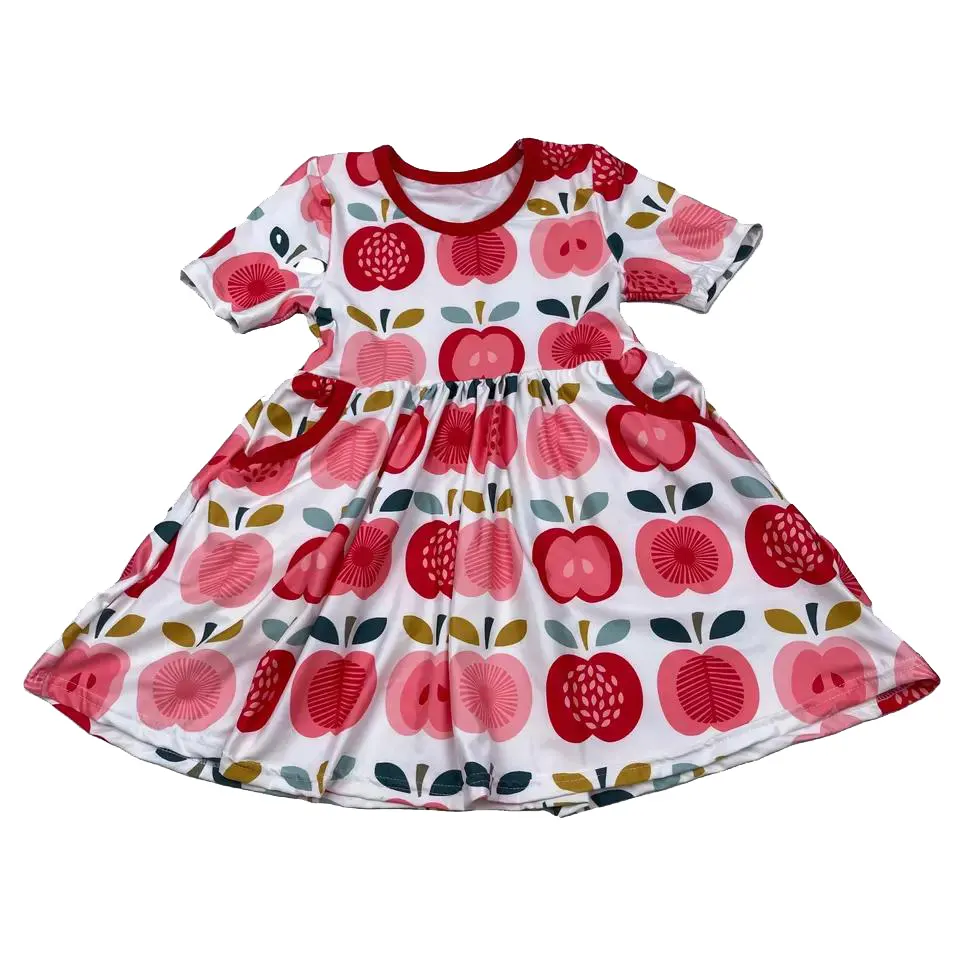 Latest Baby Girls Back to School Dress Children Clothing Boutique Custom Apple Short Sleeve Summer Dress with Side Pockets