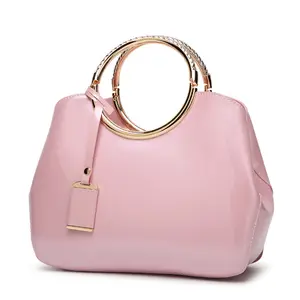 Luxury Glossy Patent Leather Zipper Closure Hand Bags Round Metal Handles Women Glossy Handbags Ladies Bucket Bag