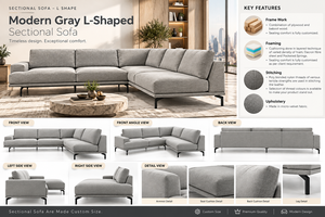 Canapé sectionnel contemporain en cuir véritable gris avec configuration en L, finition capitonnée haut de gamme et sièges de détente - Product Image 4
