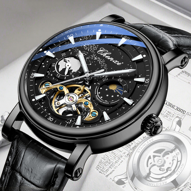 CHENXI 8872 Men's Luxury Sport Wristwatch Genuine Leather Full Automatic Waterproof Luminous Mechanical Watch with Hollow Design