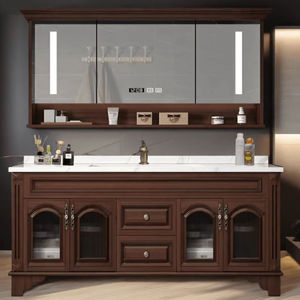 Luxury cosmetic retro bathroom cabinet dark brown with LED <b>mirror</b> and ceramic basin <b>for</b> hotel - Product Image 6