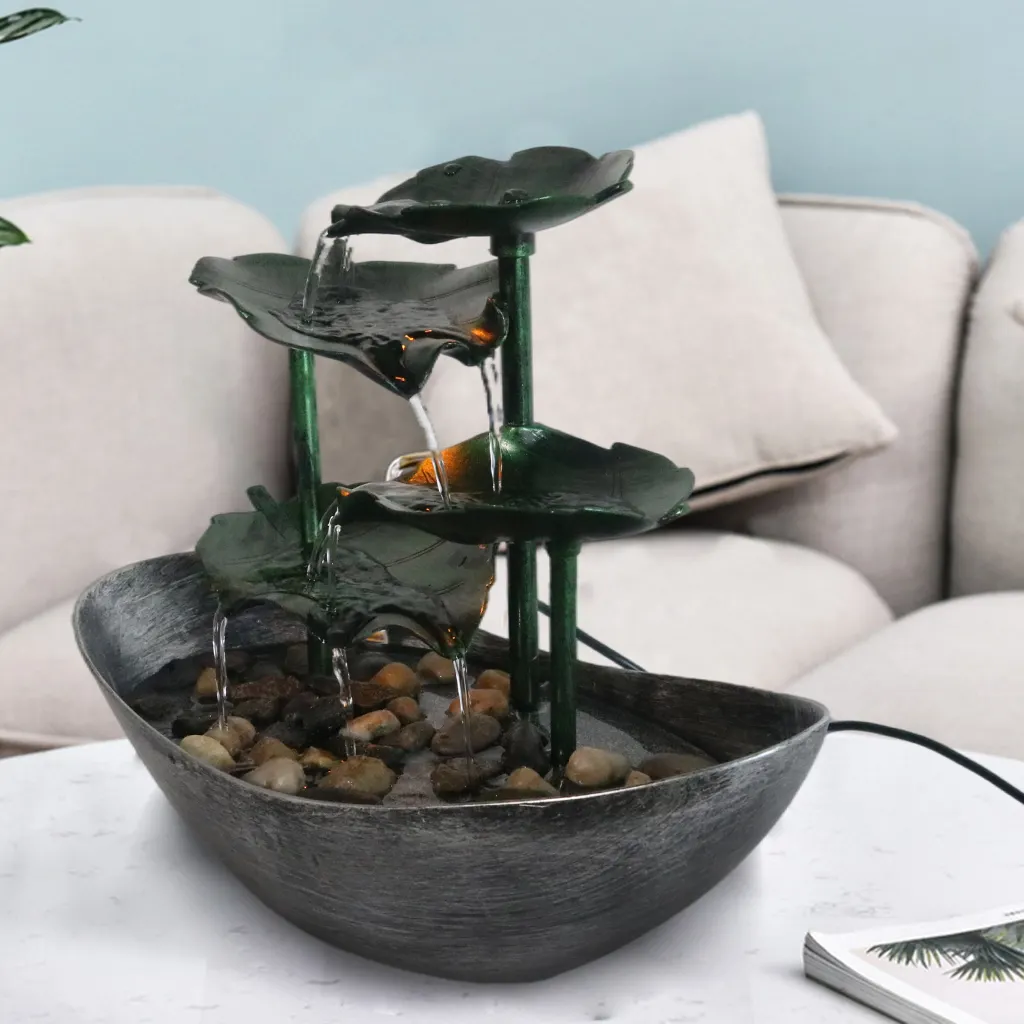 Creative Ingot Lotus Leaf Flowing Water Tabletop Fountain with LED Light Automatic Pump USB Desk Fountain Home Office Decor