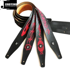 2022 Jingying Music Guitar Accessories,Black Leather Embroidered Guitar Straps For Folk and Bass Guitar