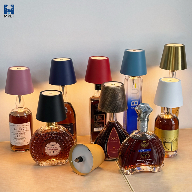 Cordless Rechargeable Artistic Round Cover Lampshade Touch Control Wireless Wine Bottle Table Lamps for Bar Restaurant Hotel
