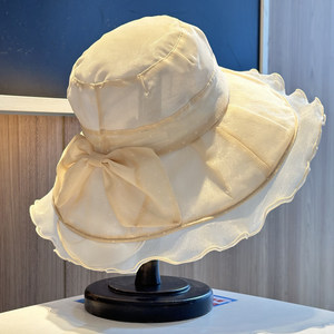 Chapeau large à la mode pour femme avec nœud, chapeau de pêcheur pour femme, chapeau de soleil à large bord avec dentelle, chapeau pare-soleil - Product Image 5