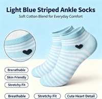 Chaussettes courtes rayées horizontales bleu pastel pour femmes, broderie mini cœur, logo personnalisé, douces, respectueuses de la peau, chaussettes quotidiennes OEM