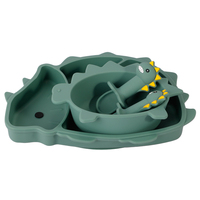 Nouvel ensemble d'alimentation pour bébé sans BPA : assiette, bol, bavoir, tasse et couverts en silicone à ventouse, motif dinosaure, pour l'apprentissage des enfants