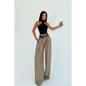 Women's Brown Lumia Double <b>Belted</b> Casual <b>Trousers</b> Breathable Elastic Waist Long Pants with Colorful Decoration - Product Image 3