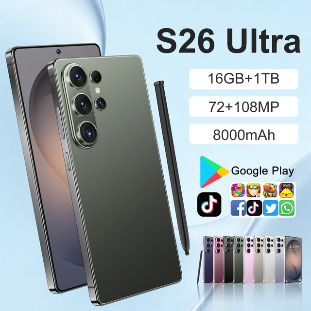 2026 New S26 Ultra Unlocked Smartphone Dual SIM Card 5G 7.3 Inch HD OLED 144Hz Screen 16GB+1TB Deca Core 108MP Multilingual