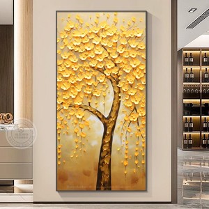 Cuadro Decorativo de Pared con Diseño de Árbol del Dinero, Pintura al Óleo sobre Lienzo, Marco Negro Rectangular, Estilo Chino Moderno, Decoración para Entrada o Puerta - Product Image 3