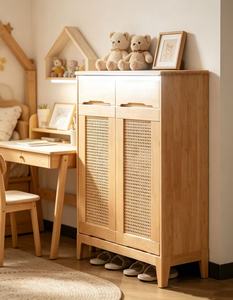 Mueble moderno de madera para guardar zapatos con puertas con persianas y estante abierto, diseño de mediados de siglo, mueble para la entrada. - Product Image 3