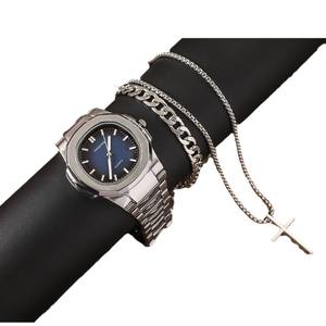 นาฬิกาเหล็กกลมสำหรับนักธุรกิจแฟชั่นผู้ชาย + สร้อยข้อมือ + สร้อยคอไขว้ + แหวนของขวัญ4ชิ้น/เซ็ต - Product Image 3