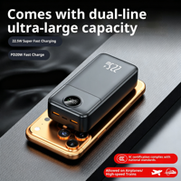 Batterie externe à charge rapide 22,5 W, 20000 mAh, câble USB-C intégré, écran numérique, approuvée pour l'avion, idéale pour les loisirs et le divertissement