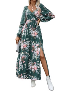 <span class=keywords><strong>Robe</strong></span> d'automne imprimée à manches longues et col en V pour femme - Product Image 4