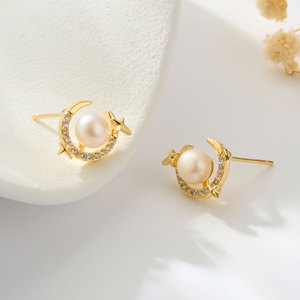 Star Moon Pearl Stud <b>Earrings</b> Gold Plated With Zircon 925 Silver <b>Post</b> For Women - Product Image 1