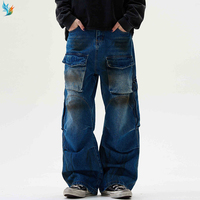 Pantalones vaqueros de trabajo holgados vintage azules de talla grande para hombre, con lavado descolorido, múltiples bolsillos y pierna ancha, tipo cargo.