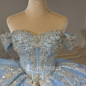 Xs319 Modern Stunning <b>Sky</b> <b>Blue</b> Sweetheart Gold Baroque Scroll Crystal Bow Floor-Length Ball Gown Ruffle Hem Quinceanera Dress - Product Image 5