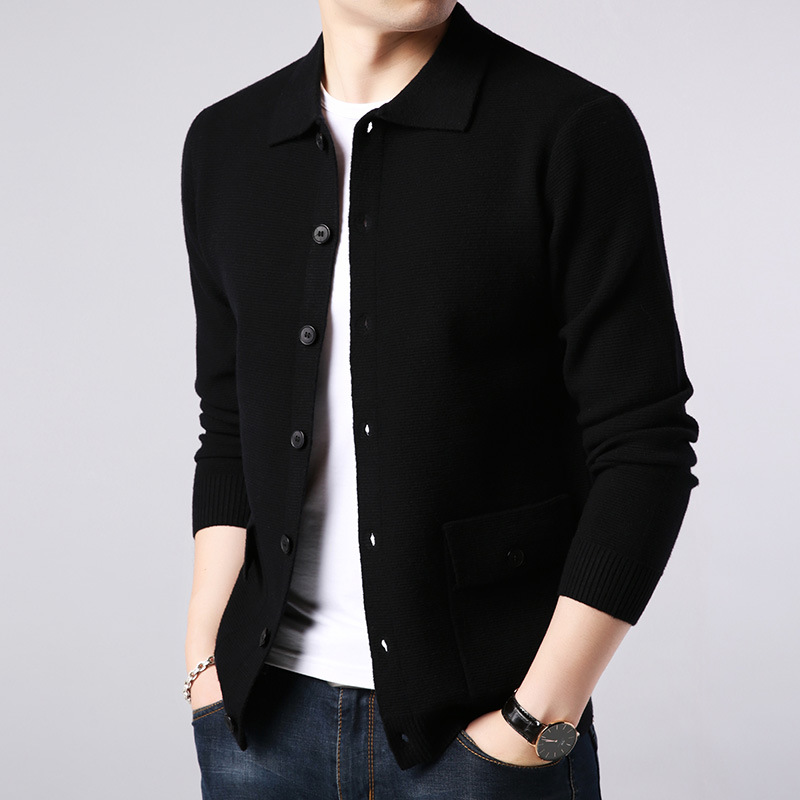 Casual Sweater For Men Long Sleeve Polyester Knitted Cardigan With Button