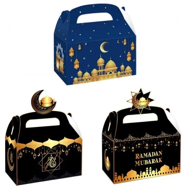 Ramadán musulmán/Eid Mubarak Cajas de Regalo de papel plegables Ramadán islámico Luna estrella mezquita caja de dulces con asa decoración de fiesta Eid