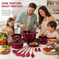 Ensemble de casseroles et poêles en marbre antiadhésif personnalisé avec logo, 17 pièces, rouge rose, pour cuisinière à induction, pour la cuisine à domicile