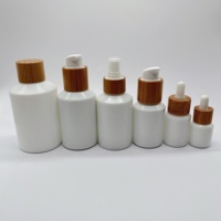 Botol Pompa Kaca Kosmetik Kemasan Jar Krim 15g-200ml Botol Lotion Kaca Opal Putih Miring Pompa/Botol Tetes/Tutup Bambu