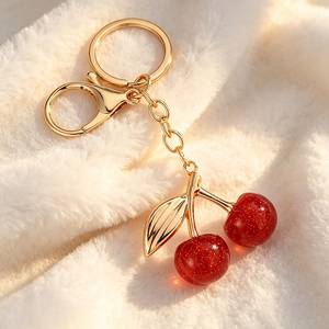Best Selling Sparkle Cherry Crystal Keychain Red Fruit Glitter <b>Charm</b> Metal Lobster Buckle Bag <b>Keyring</b> Pair - Product Image 2