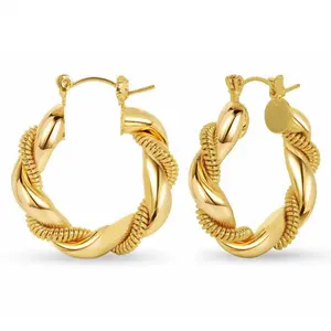 Nuevo diseño 18K chapado en oro 25mm aros de cuerda entrelazados trenzados pendientes Retro joyería hipoalergénica de moda para regalos - Product Image 2