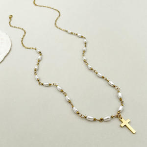 Yunan Vintage kişilik lüks çapraz kolye inci kolye Dainty paslanmaz çelik çapraz 14k altın kaplama armut uzun kolye - Product Image 5