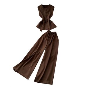 Ensemble 2 pièces décontracté d'été pour femme, tissé uni, comprenant un haut tunique sans manches à col rond avec lien et un pantalon de jogging taille haute, infroissable et respirant - Product Image 5
