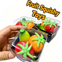 Nieuw, populair fruitparty 3-in-1 squishy speelgoed, banaan sinaasappel aardbei stressverlichtend fidget speelgoed promotioneel speelgoed
