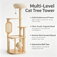RubberTower 139cm Arbre à chat moderne en MDF Bois de palissandre avec capsule en acrylique, griffoir vertical en sisal, plusieurs plateformes et panier en carton Teddy
