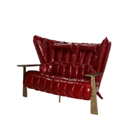 Fauteuil Vintage de Luxe en Cuir Véritable Rouge avec Pieds en Fer et Bois Massif pour Hôtel, Maison, Bureau, Salon, Villa – Canapé d'Angle Capitonnée