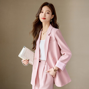 Women's Pink Suit Set Polyester Satin Three Quarter Sleeve Anti-Wrinkle Office Lady Spring 2024 - Product Image 2
