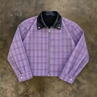Veste à carreaux personnalisée de haute qualité, veste d'hiver en coton coupe-vent avec col en cuir, veste à carreaux zippée, veste courte pour homme