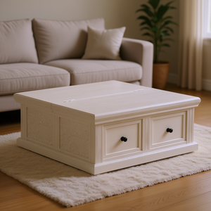 Tavolino da caffè in legno massello di mango bianco 27,6 x 27,6 x 11,8 pollici con cassetti, design elegante per l'arredamento della casa - Product Image 2