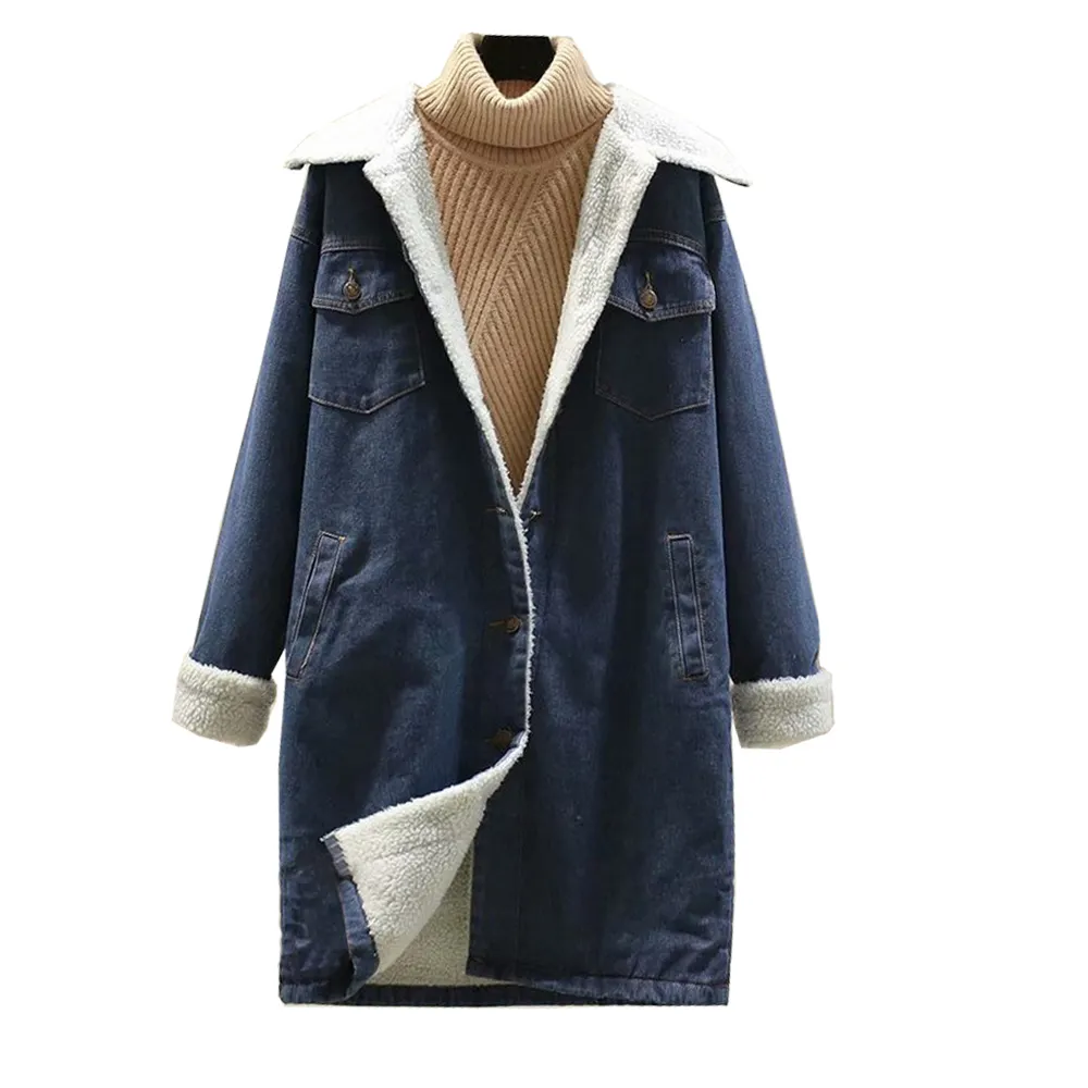 Kadın lambswool jean ceket 4 cepler uzun kollu sıcak kot ceket dış giyim geniş Denim ceket