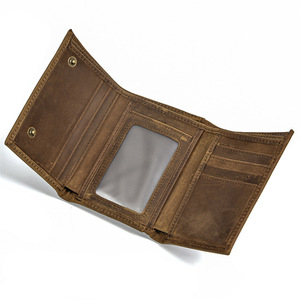 Portefeuille en cuir véritable Crazy Horse avec chaîne, porte-cartes fin à trois volets pour homme, pochette à monnaie, style vintage, vente en gros - Product Image 1