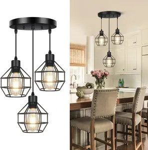 OPPstable Farmhouse 3-Light Pendant Light Fixtures, Adjustable Industrial Black Metal Cage Pendant Ceiling Lamp