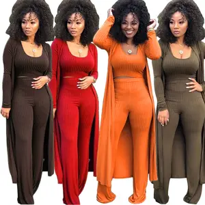 Venta al por mayor 3 piezas de desgaste de las mujeres-Conjunto de 3 piezas de pantalones tejidos para mujer, ropa informal a la última moda 2019