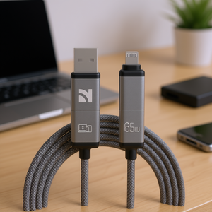 สายเคเบิลอะลูมิเนียมถัก NCC 4-in-1 65W 1.2M XC-0303 USB A + USB-C + สำหรับ Light-NING ชาร์จเร็วสีดำ" - Product Image 3