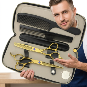 Ensemble de ciseaux à effiler en acier inoxydable doré, 4 pièces, kit de barbier et de salon avec peignes et étui à fermeture éclair - Product Image 4