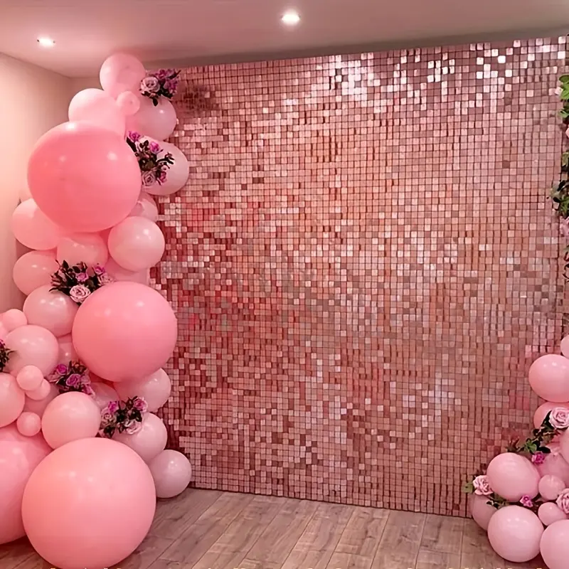 Venta al por mayor de oro rosa para decoración de fondo de fiesta, decoración de pared de boda, cortina de lluvia brillante con lentejuelas, cortina cuadrada de papel de aluminio