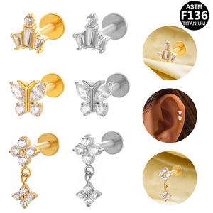 Clous d'oreilles papillon en titane F136, bijoux de piercing tendance pour femme en alliage de titane, boucles d'oreilles de fête avec incrustation de cristaux - Product Image 1