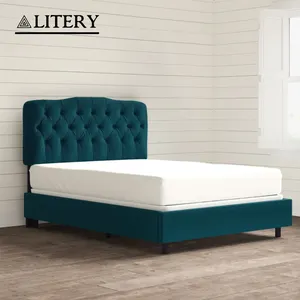 Stylish American Bed in Teal with Luxurious Tufted Velvet Headboard and Solid Wood Legs for a Statement Bedroom Piece