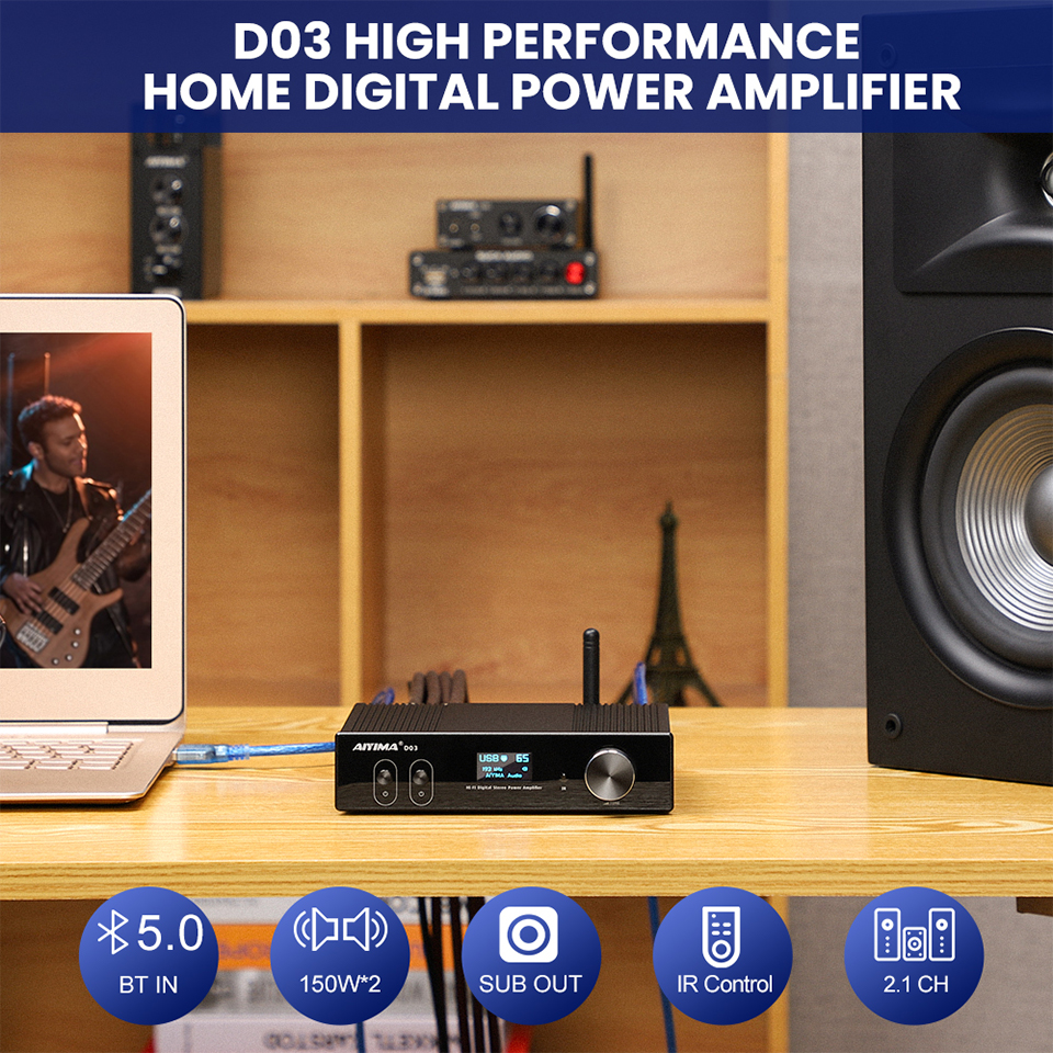 AIYIMA D05 2.1CH Bluetooth Power Amplifier & Subwoofer Amp