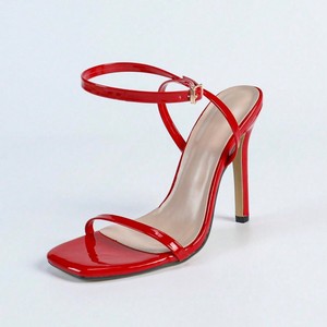 Women's square-toed <b>patent</b> leather one-strap cross ankle strap high-heeled sandals, women's <b>shoes</b>, <b>red</b> high heels <b>shoes</b> - Product Image 5