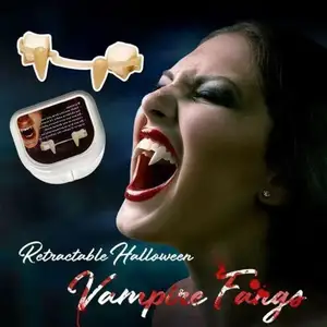Gigi palsu vampir gigi kecil Zombie alat peraga pesta liburan taring dapat ditarik Halloween