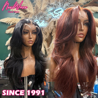 Perruque Lace Front en Cheveux Humains Vierges Naturels avec Monofilament, Dentelle HD Transparente, Couleur Rougeâtre, Sans Colle