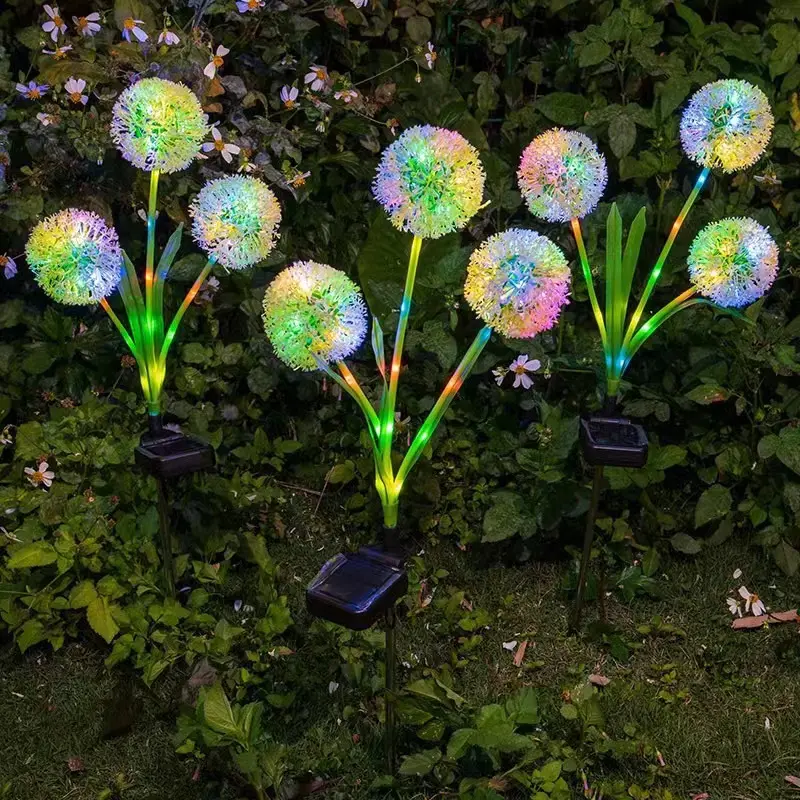 Садовые фонари на солнечной батарее, уличное светодиодное освещение в виде цветка одуванчика фиолетового и зеленого цветов для патио, газона, сада, двора